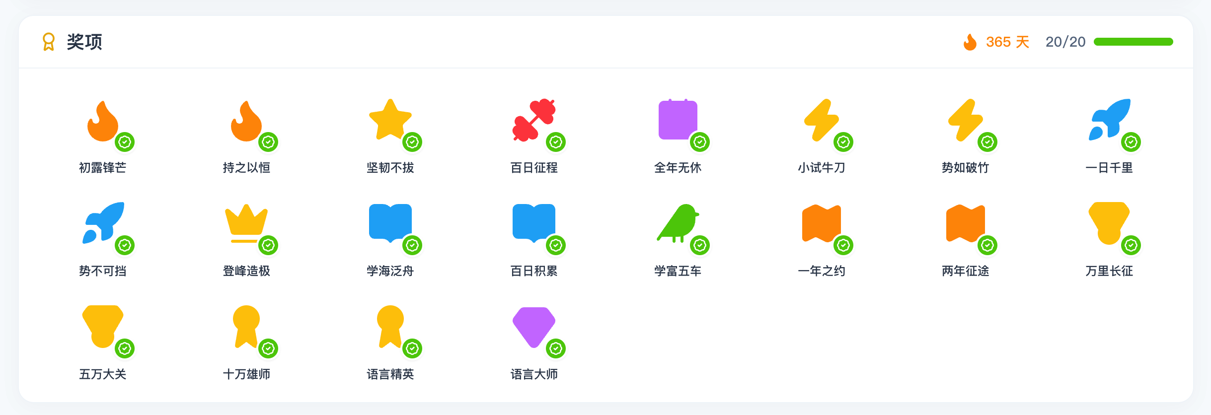 多邻国记录页面的奖项面板，20 个奖项全部点亮