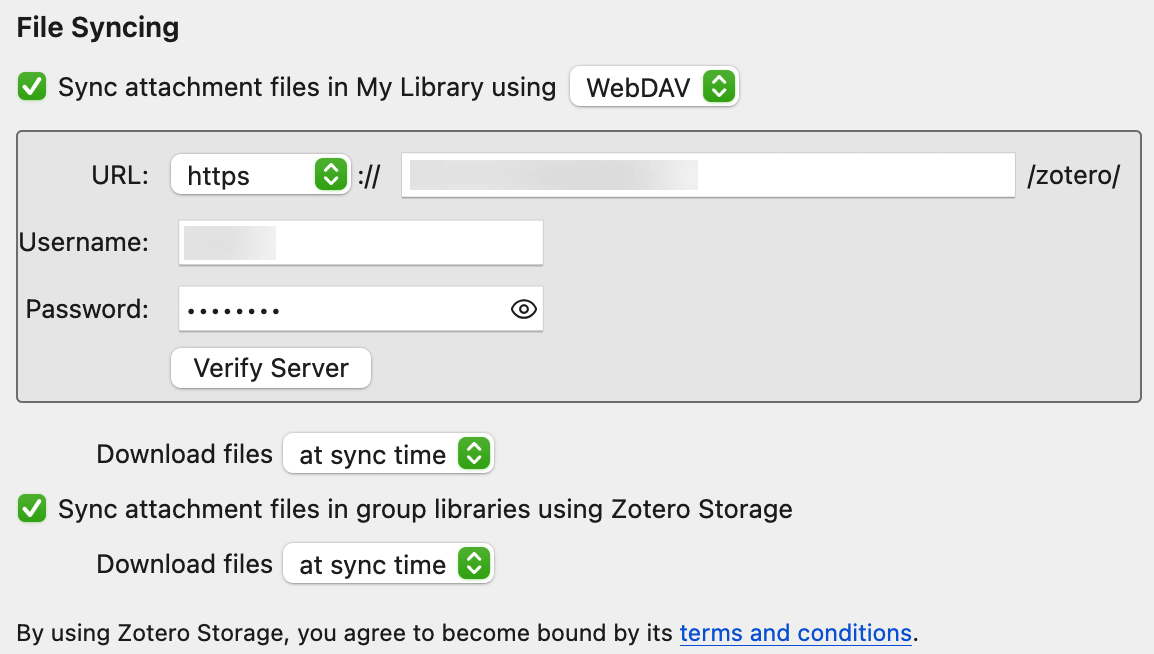Zotero 文件同步设置截图，WebDAV 地址输入框右侧预置 /zotero/